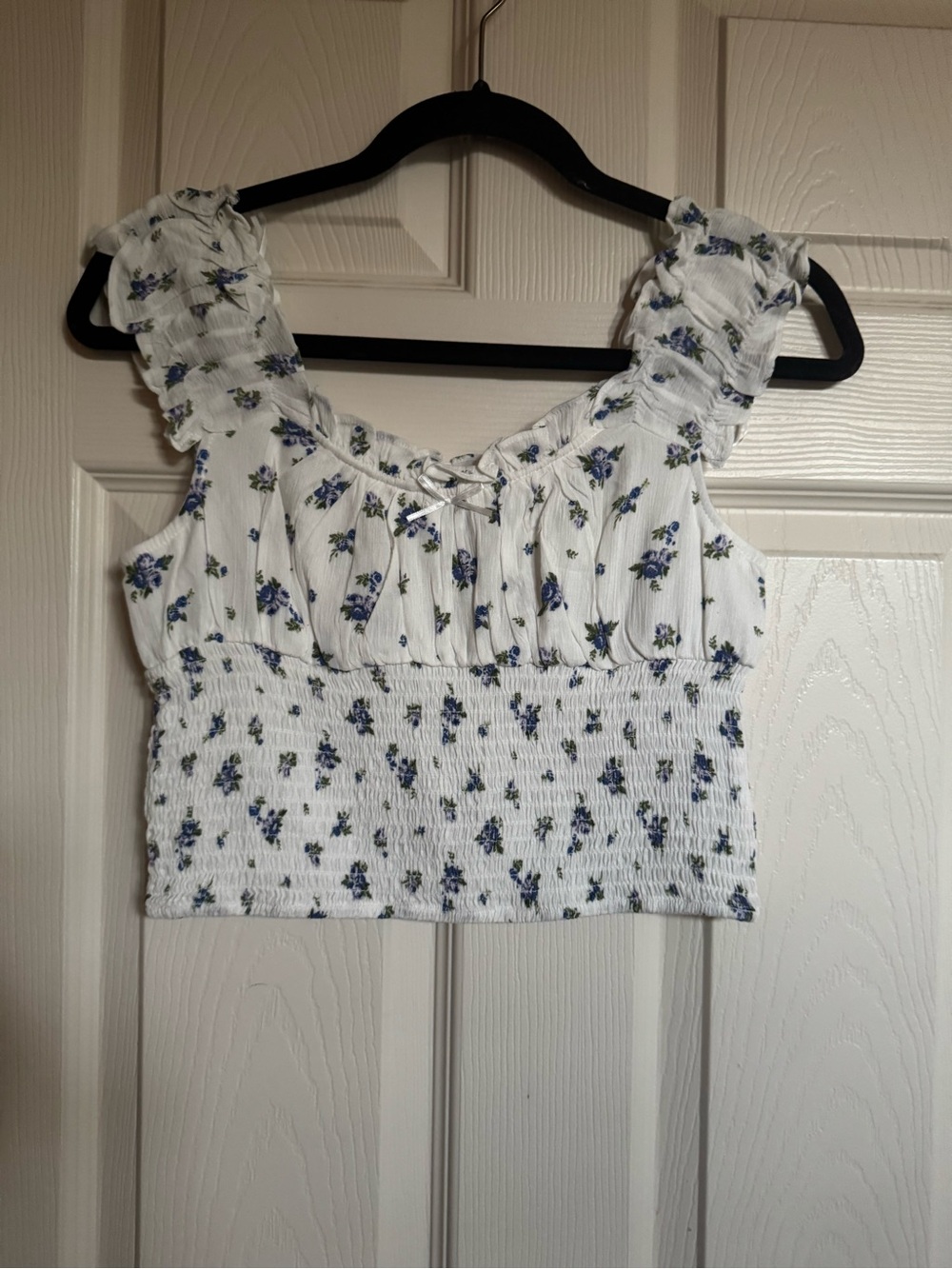 NWT Love Tree White Floral Smocked Crop Top with Ruffle Straps, Various Sizes